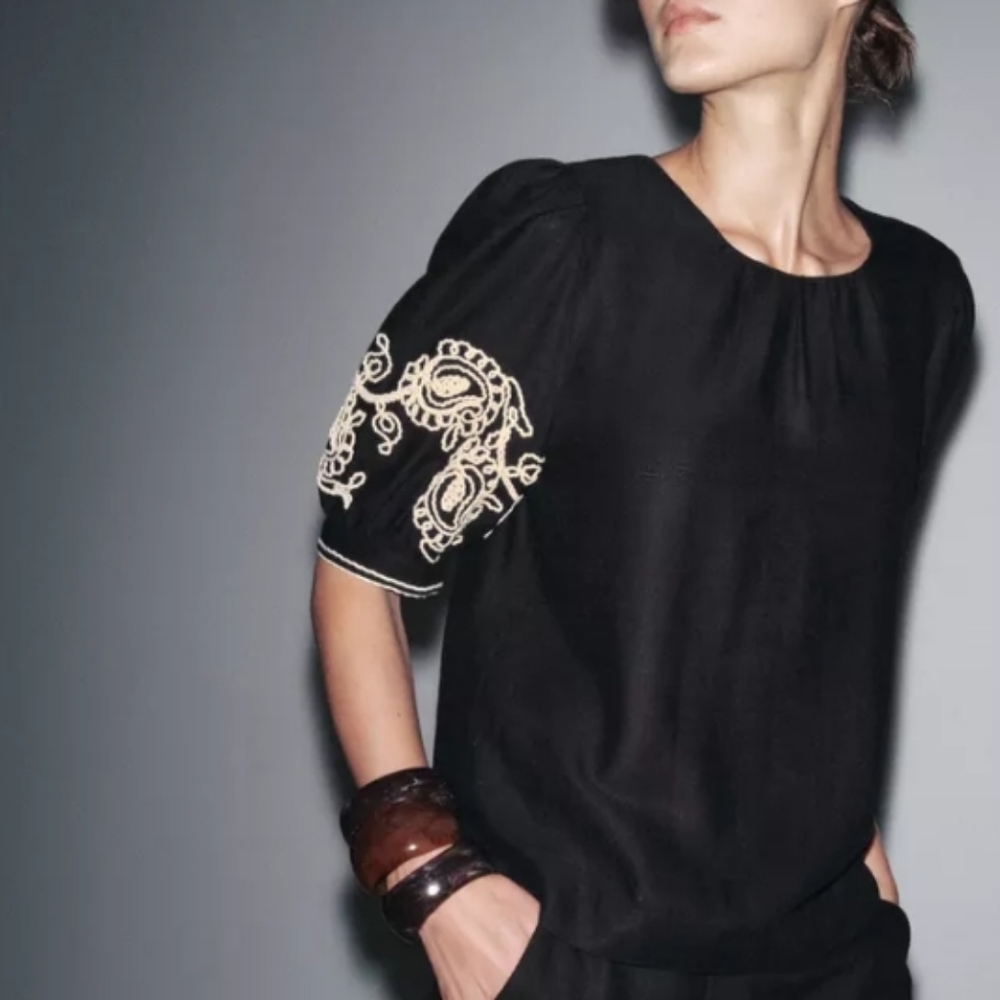 Zara Embroidered Linen Blend Top Sz-L